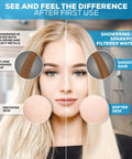 Side-by-side comparison of hair and skin before and after using High Output Shower Filter Cartridge For Sensitive Skin And Dry Scalp Removes Chlorine And Impurities For Softer Water Easy One Minute Install Improves Hair Health And Skin Comfort.