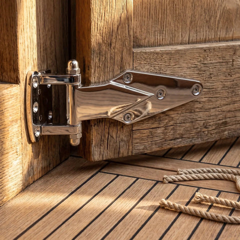 Rock Solid Zinc Alloy Cold Storage Door Hinges Heavy Duty Freezer Hinge Replacement For Walk In Cooler And Industrial Refrigeration 2 Pack shown installed on wooden door.