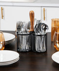 Utensil Holder And Silverware Organizer Caddy For Kitchen With Three Compartments, Portable Wooden Handle, Open Mesh Metal Design