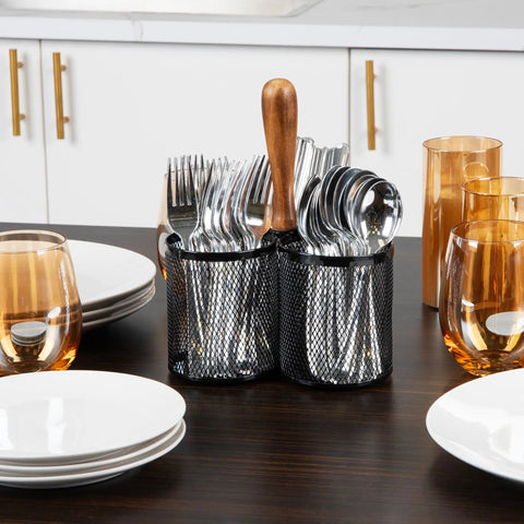 Utensil Holder And Silverware Organizer Caddy For Kitchen With Three Compartments, Portable Wooden Handle, Open Mesh Metal Design