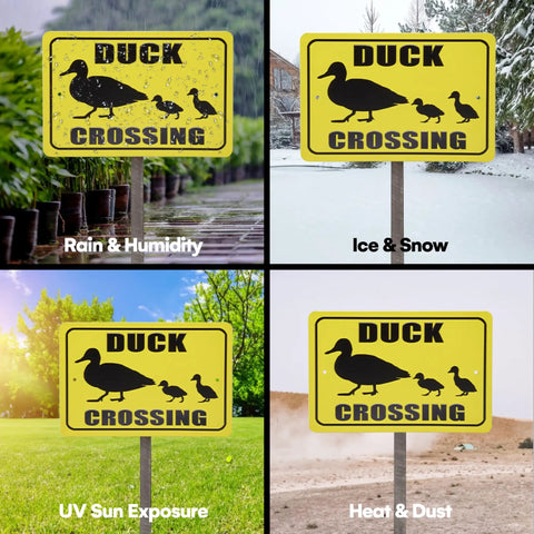Four images of yellow 'Duck Crossing' signs in different weather conditions: rain, snow, sunlight, and dusty environment.