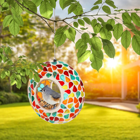 6 Inch Glass Mosaic Hanging Bird Feeder For Outdoors With Fly Through Opening Confetti Mosaic Colorful Backyard Feeder