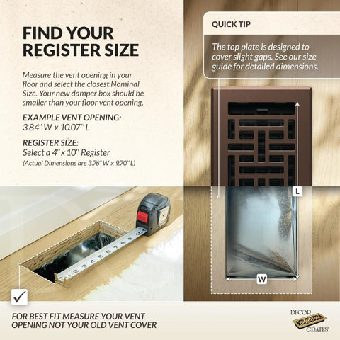 Dope 4x10 Floor Vent Cover With Adjustable Damper Lever In Rubbed Bronze showcasing size measurement guide with tape measure.