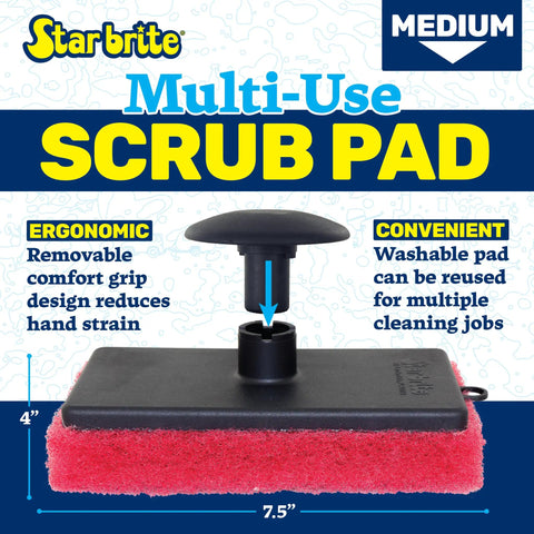 Image of a medium Starbrite Multi-Use Scrub Pad with ergonomic handle, 7.5" x 4" size, red color. Convenient and washable.
