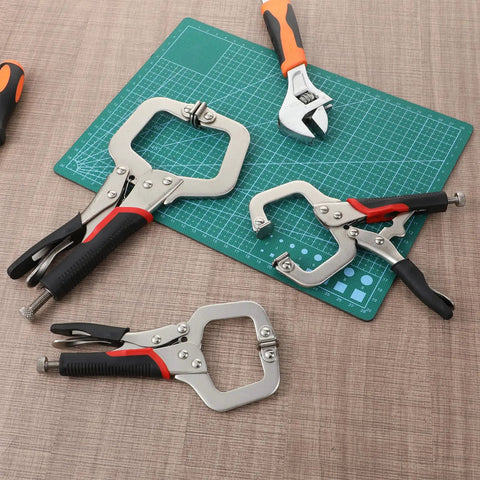 4 Piece Locking C Clamp Set Heavy Duty Welding Clamps Pliers Vise Grips With Swivel Pads 6 Inch 9 Inch 11 Inch Tough Grip For Craftsmen Home Workshop Projects, four clamps on cutting mat