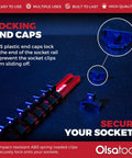 Three Eighths Inch Drive Aluminum Socket Organizer With Locking End Caps Beefy Ball Bearing Clips Pro Grade Heavy Duty Socket Holder Rack Durable Red Storage Tray For Mechanics Keeps Sockets Handy And Organized Part 1171 displayed with locking end caps.