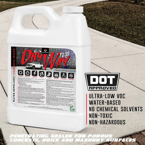 Knockout Commercial Grade Concrete Driveway Sealer Featuring Silane And Siloxane Formula For Serious Water Shielding on a gray bottle.