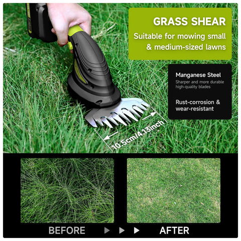 Tough As Nails 21 Volt Cordless Hedge Trimmer And Grass Shears cutting grass with sharp blades, 10.5 cm, suitable for small lawns.