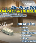 Air-Dryr 500 Marine Dehumidifier in a room setting with text listing ideal locations for use like boats, cabins, and motor homes.