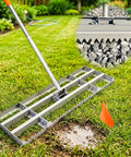 Two In One Lawn Leveling Rake With Dual Flat And Serrated Sides, Heavy Duty Stainless Steel, 30x10 inches, with marking flag on grass