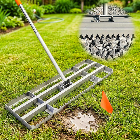 Two In One Lawn Leveling Rake With Dual Flat And Serrated Sides, Heavy Duty Stainless Steel, 30x10 inches, with marking flag on grass