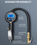Digital Tire Pressure Gauge With Inflator And Heavy Duty Air Chuck Rubber Hose And Quick Connect For Cars And Trucks All In One Tool Accurate To 1 Percent 3-250 PSI Display Four Units Psi Bar Kpa Kg Cm2 Blue, shown with labeled parts.