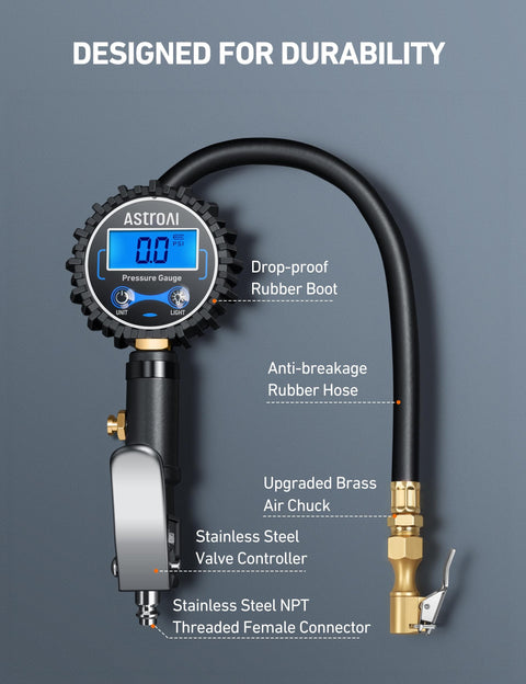 Digital Tire Pressure Gauge With Inflator And Heavy Duty Air Chuck Rubber Hose And Quick Connect For Cars And Trucks All In One Tool Accurate To 1 Percent 3-250 PSI Display Four Units Psi Bar Kpa Kg Cm2 Blue, shown with labeled parts.