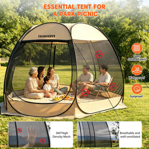 Pop Up Gazebo Screen House Tent With Mosquito Netting For 6 To 8 People Portable Canopy in backyard with mesh netting.