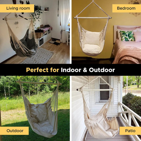 Large Indoor Outdoor Hammock Chair Swing With Anti Slip Steel Spread Bar Heavy Duty Carbon Steel Frame Holds Up To 500 Lbs In Various Settings