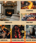 Collage showing Natural Wood Fire Starters Bulk 150 Count for campfires, fireplaces, grills, BBQ, and survival use.