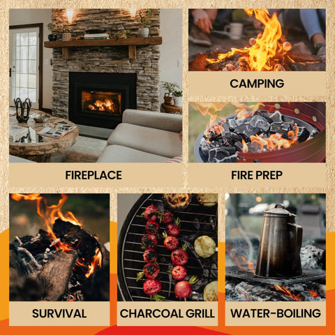 Collage showing Natural Wood Fire Starters Bulk 150 Count for campfires, fireplaces, grills, BBQ, and survival use.