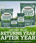 Premium Kentucky 31 Tall Fescue Grass Seed To Build A Badass Drought Resistant Lawn displayed in various bag sizes on grass