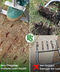 Comparison of semi assembled lawn aerator with four steel spikes non clogging design versus a clogged lawn tool.