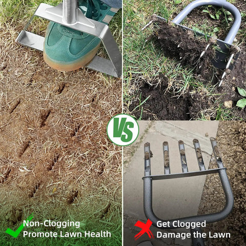 Comparison of semi assembled lawn aerator with four steel spikes non clogging design versus a clogged lawn tool.