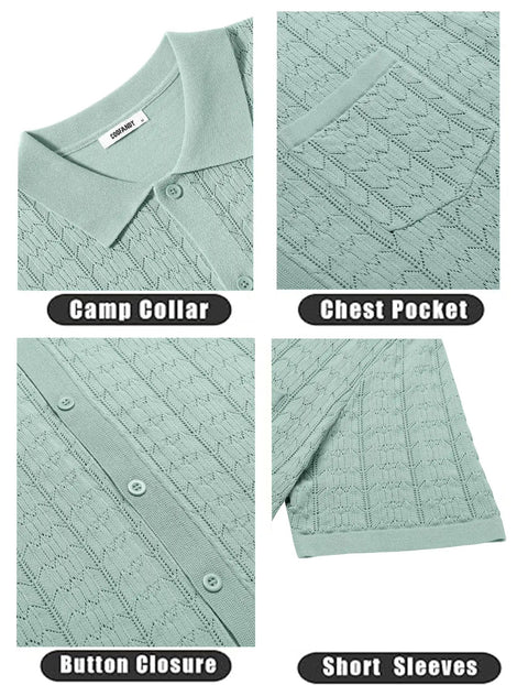 Men's Knit Short Sleeve Button Down Shirt Vintage Polo Beach Top In Ice Green Lightweight Breathable Knit Casual Summer