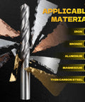 Close-up of HSS drill bit with applicable materials including iron, bronze, aluminum, magnesium, and thin carbon steel.