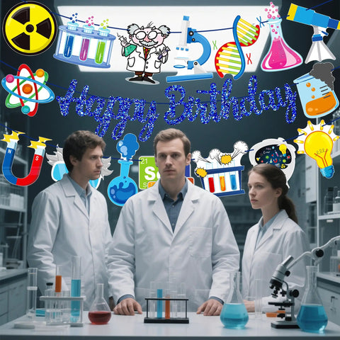 Blue Science Birthday Party Banner Set With Chemistry Lab Elements Garlands Featuring Test Tubes DNA Strands Microscope And Periodic Table Decor For Science Theme Party And Baby Shower That Kids Will Dig, lab setting with scientists.