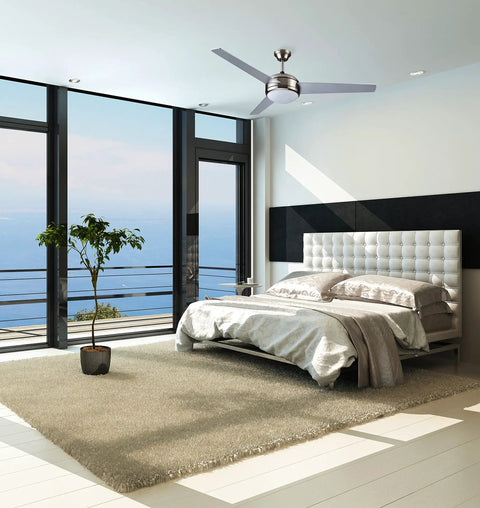 Bedroom interior with Treviento 52 Inch LED Indoor Ceiling Fan With Energy Efficient LED Light Kit Contemporary Satin Nickel Finish Downrod Mount For Regular Or Sloped Ceilings Includes Wall Control And Three Speed Settings installed