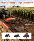 Tow Behind 6 Ft Drag Harrow With Chain Harrow in use on farm field, attached to ATV, leveling soil beside corn crop, wide coverage, high efficiency.