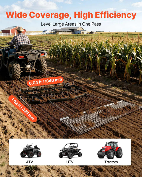 Tow Behind 6 Ft Drag Harrow With Chain Harrow in use on farm field, attached to ATV, leveling soil beside corn crop, wide coverage, high efficiency.