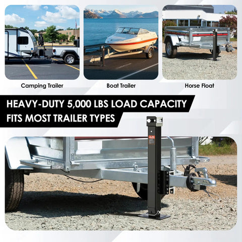 Beefed Up 8000 Lb Trailer Jack Drill Jack Bolt On With 28.6 Inch Vertical Travel shown attached to a utility trailer