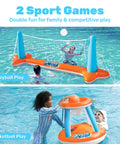 Inflatable Pool Volleyball And Basketball Game Set With Net And Hoops, 2 In 1 Floating Pool Toy For Kids And Adults shown in use