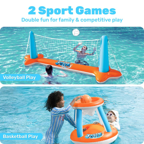 Inflatable Pool Volleyball And Basketball Game Set With Net And Hoops, 2 In 1 Floating Pool Toy For Kids And Adults shown in use