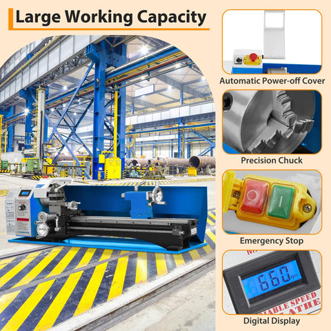 Top Tier 8 By 30 Inch Mini Precision Metal Lathe Machine With 750 Watt Variable Speed Control And Digital Display Readout in workshop.