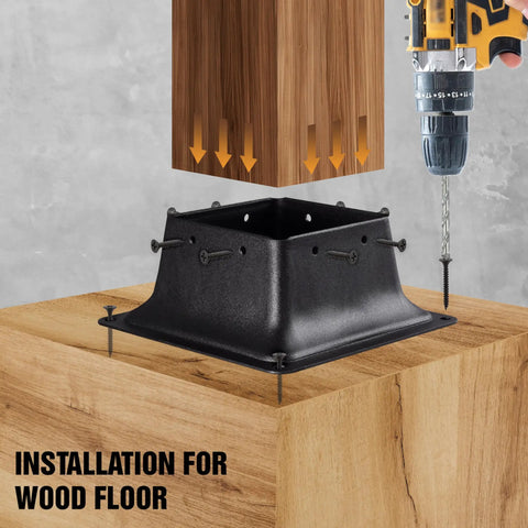 Beefy 4x4 Post Bases With Brackets And Internal Railing Anchors For 3.5x3.5 Wood Posts, shown with installation on wood floor