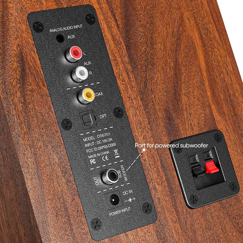 Back panel connections of Bluetooth Bookshelf Speakers 40W X 2 With 4 Inch Woofer, showing AUX, optical, and subwoofer ports.