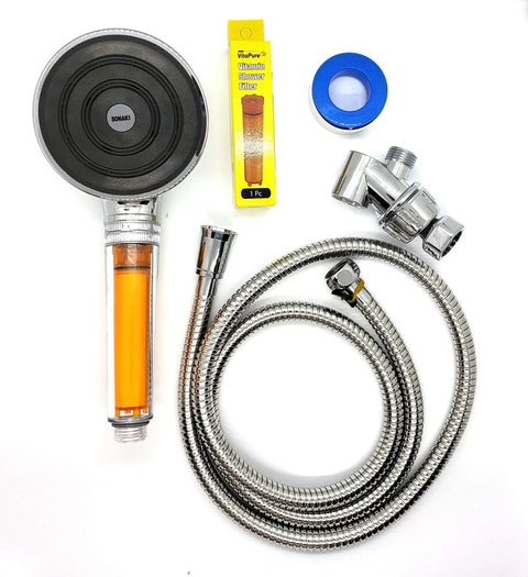 Vitamin C Infused Handheld Rain Shower Head With Water Filter Two Included Filters Delivers Softer Clean Water Removes Up To 99.9 Percent Chlorine And Chloramines For Healthier Skin And Hair Worth Every Shower, showing chrome and orange filter components.