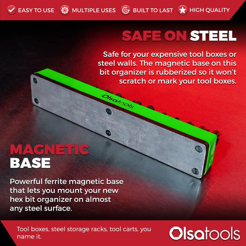 Magnetic Hex Bit Organizer Tray with green base and ferrite magnet for 37 bits, ideal for toolboxes and steel surfaces.