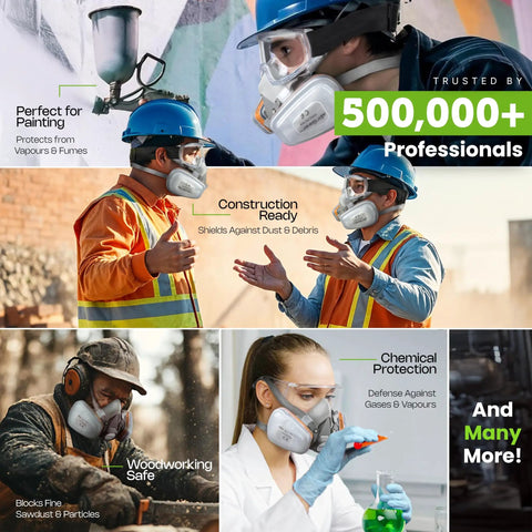 M500 Reusable Respirator Mask With A1P2 Filters For Painting Woodworking Construction Sanding Spraying Chemicals DIY Dual Filtration System All Day Comfort Anti Gas Dust Protection in use by professionals.