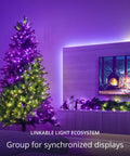 65.6 Feet Indoor Outdoor Smart RGB LED String Lights With Over 16 Million Dope Colors App Control HomeKit Alexa Google Home Compatible IP44 Weatherproof Customizable Effects Black Wire 250 LEDs illuminating living room scene with synchronized displays.