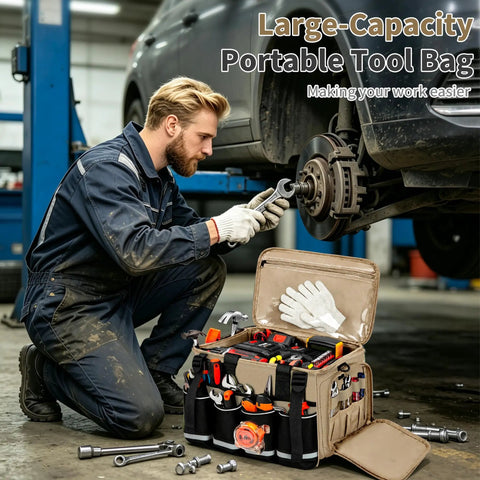 Hella Tough 14 Inch Heavy Duty Tool Bag Featuring Beefy Reinforced Fabric And Massive Main Compartment For Power Tools Measuring Instruments And Blueprints Pro Level 17 Pocket Workhorse Organizer