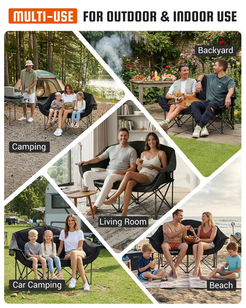 Multi-use Two Person Camping Chair Oversized and Comfortable Heavy Duty 660 Lb Capacity Portable Folding Two Seat Couch for outdoor and indoor use.