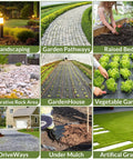 Collage showing uses of 2 Pack 3x50 Ft Weed Barrier Landscape Fabric With 3 Oz Woven Geotextile And 30 U Shaped Pegs.
