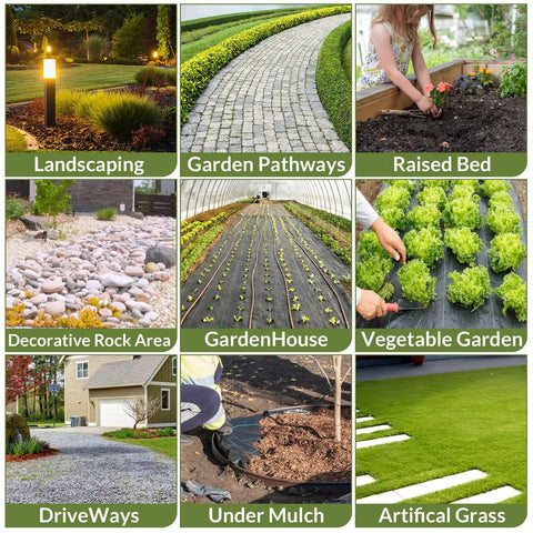 Collage showing uses of 2 Pack 3x50 Ft Weed Barrier Landscape Fabric With 3 Oz Woven Geotextile And 30 U Shaped Pegs.