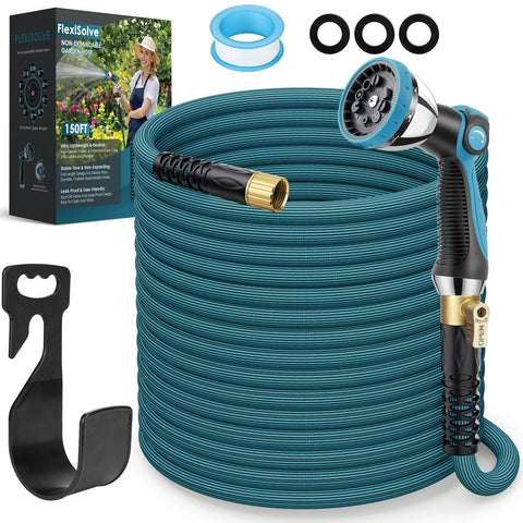 FlexiSolve garden hose 150 ft, blue coiled non-expandable hose with 10-pattern nozzle and shut-off valve, wall hanger.
