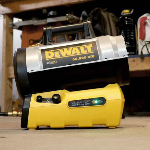 68000 Btu Portable Cordless Propane Space Heater With Battery Start And Quiet Forced Air Barrel Design For Job Sites Garages And Covered Patios, DEWALT brand with a yellow base.