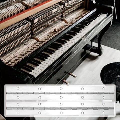 Heavy Gauge 10 Inch Piano Hinge Slick Silver Steel Continuous Strap Straight Up Durable Hardware For Cabinet Doors And Diy Woodcraft Boxes with piano keys in background.