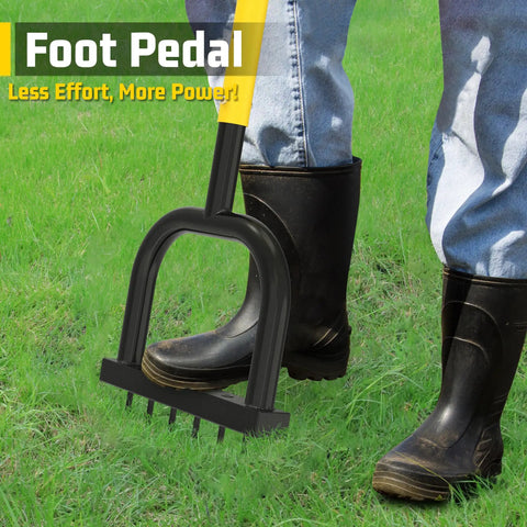 Spike Lawn Aerator With Six 2.4 Inch Tines, manual core lawn tool being used with foot pedal on grass