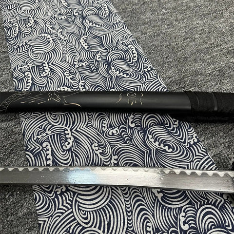 Dope Six Color Iaido Training Katana Set With 1060 Carbon Steel Blades, dragon pattern on black sheath, pattern fabric background.