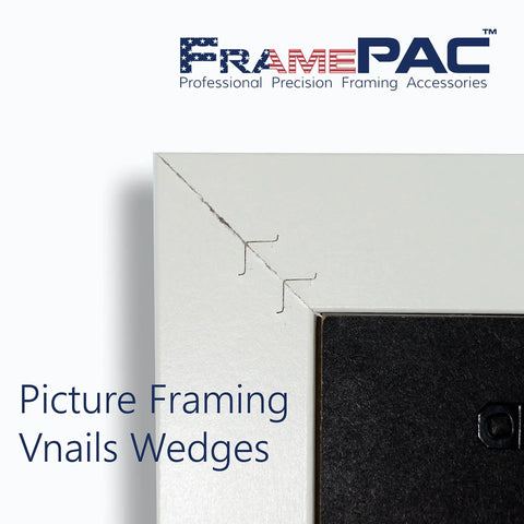 Heavy Duty V Nails For Hardwood Picture Frames And Tight Corner Wedges To Secure Your Woodwork Featuring Built Like A Tank Engineering That Delivers Seriously Sharp Joints Zero Headaches Any Day Of The Week close-up of v nails securing a picture frame corner.